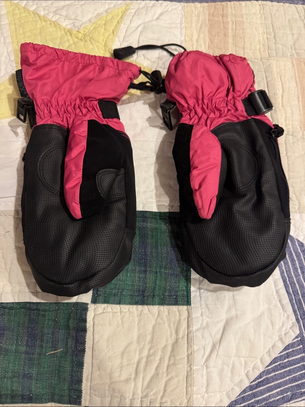 Kids Pink and Black Winter Mittens with Secure Strap